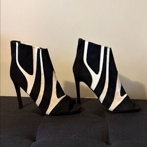Black & White Suede Peep-Toe Ankle Boots